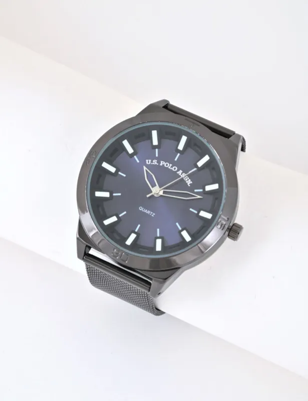 MEN'S GUNMETAL MESH AND BLUE DIAL ANALOG WATCH sold by U.S. Polo Assn.