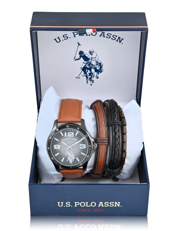 MENS BROWN STRAP WATCH AND BRACELETS SET sold by U.S. Polo Assn.