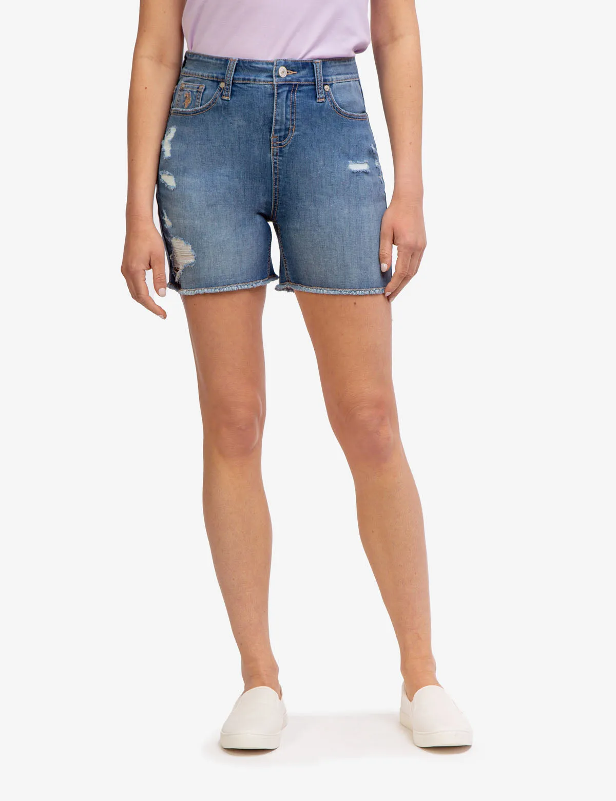 HIGH RISE DESTRUCTED DENIM SHORTS sold by U.S. Polo Assn.
