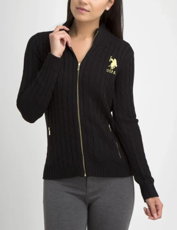 Gold Logo Full Zip Cable Sweater sold by U.S. Polo Assn.