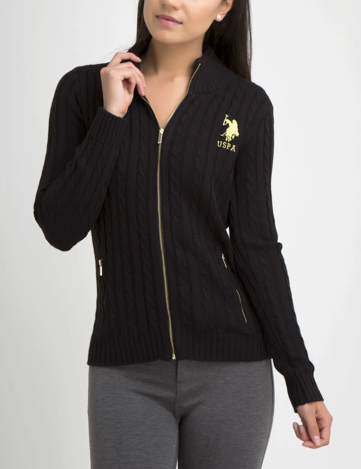 Gold Logo Full Zip Cable Sweater sold by U.S. Polo Assn.