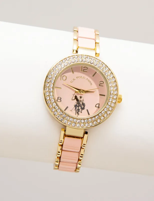LADIES GOLDTONE AND BLUSH ENAMEL LINK WATCH sold by U.S. Polo Assn.