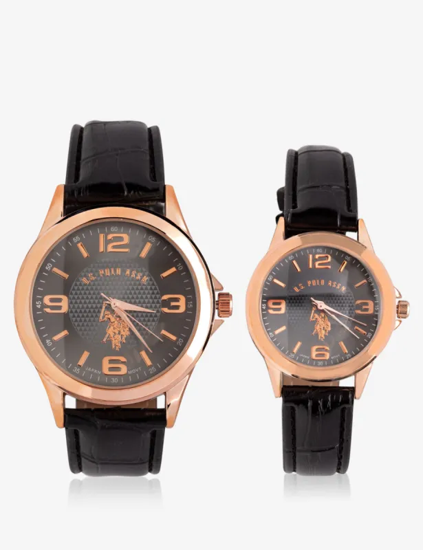 HIS & HERS ROSE GOLD FAUX CROC STRAP WATCH SET made by U.S. Polo Assn.