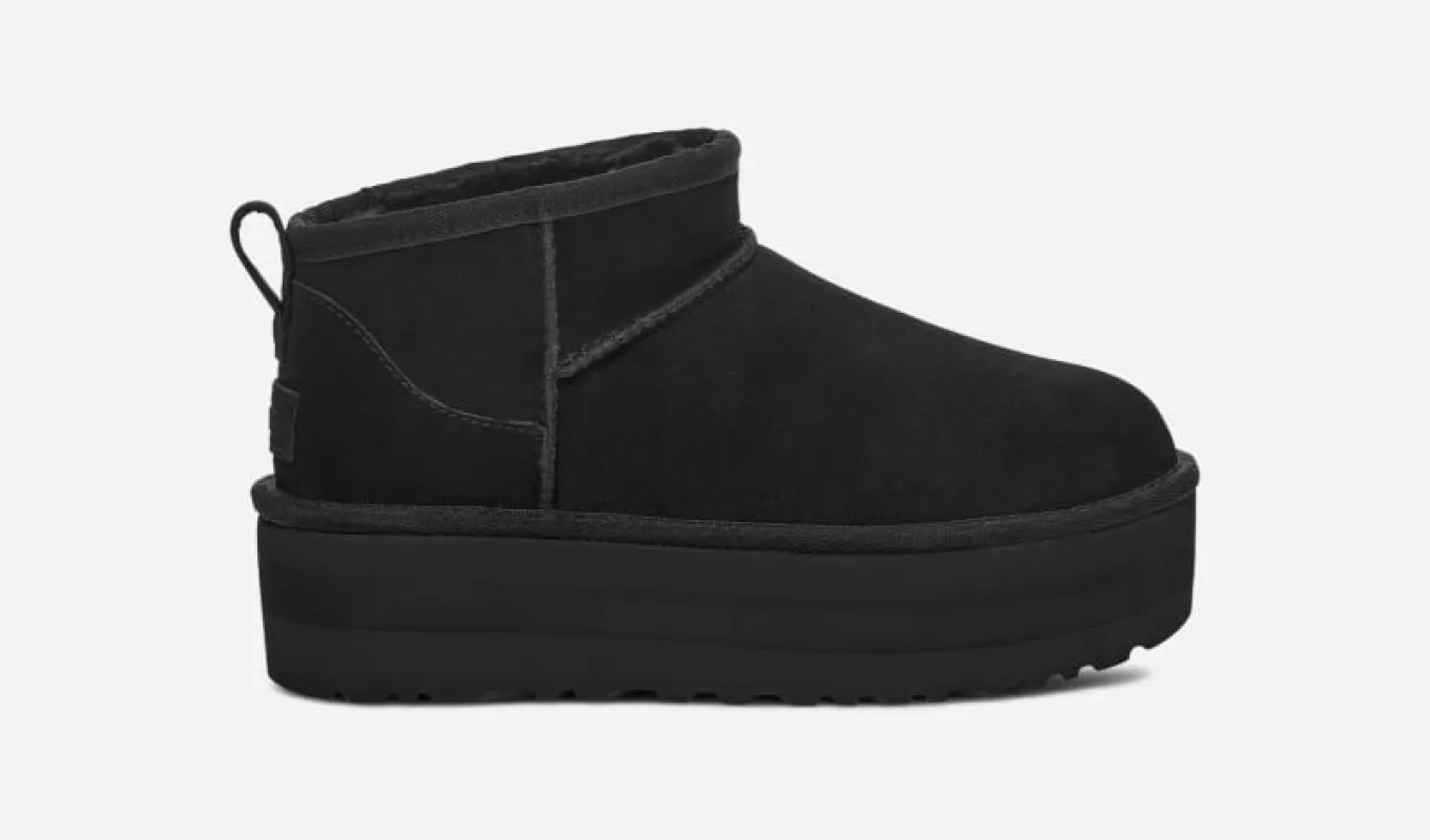 UGG® Women's Classic Ultra Mini Platform Suede Classic Boots in Black, Size 12 sold by UGG