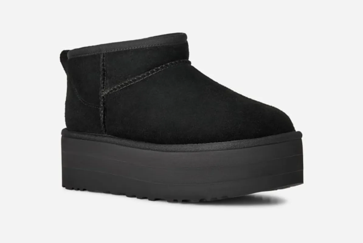 UGG® Women's Classic Ultra Mini Platform Suede Classic Boots in Black, Size 6 made by UGG