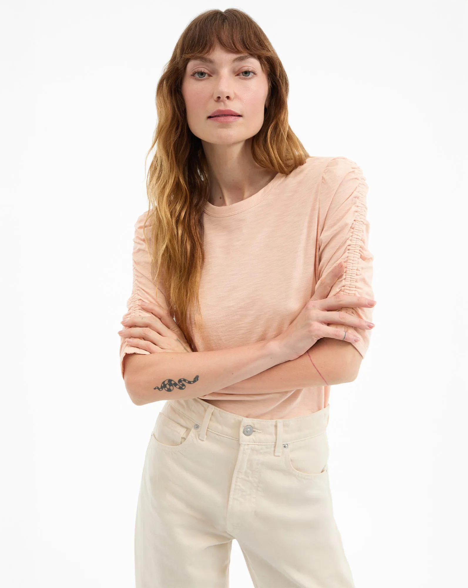 Waldorf Ruched-Sleeve Slub T-Shirt sold by Ulla Johnson