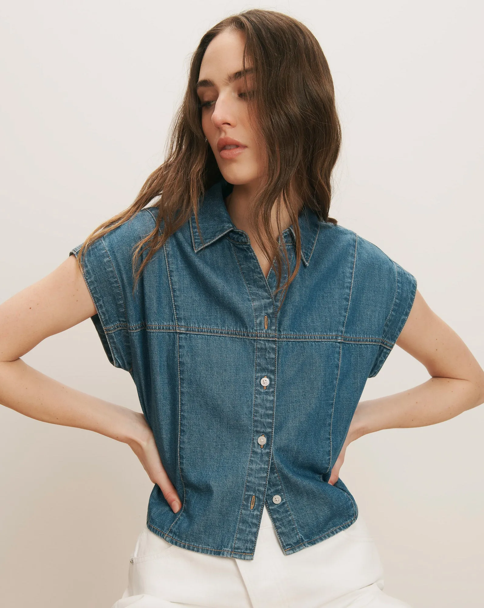 Nestor Chambray Button-Down Shirt sold by Ulla Johnson