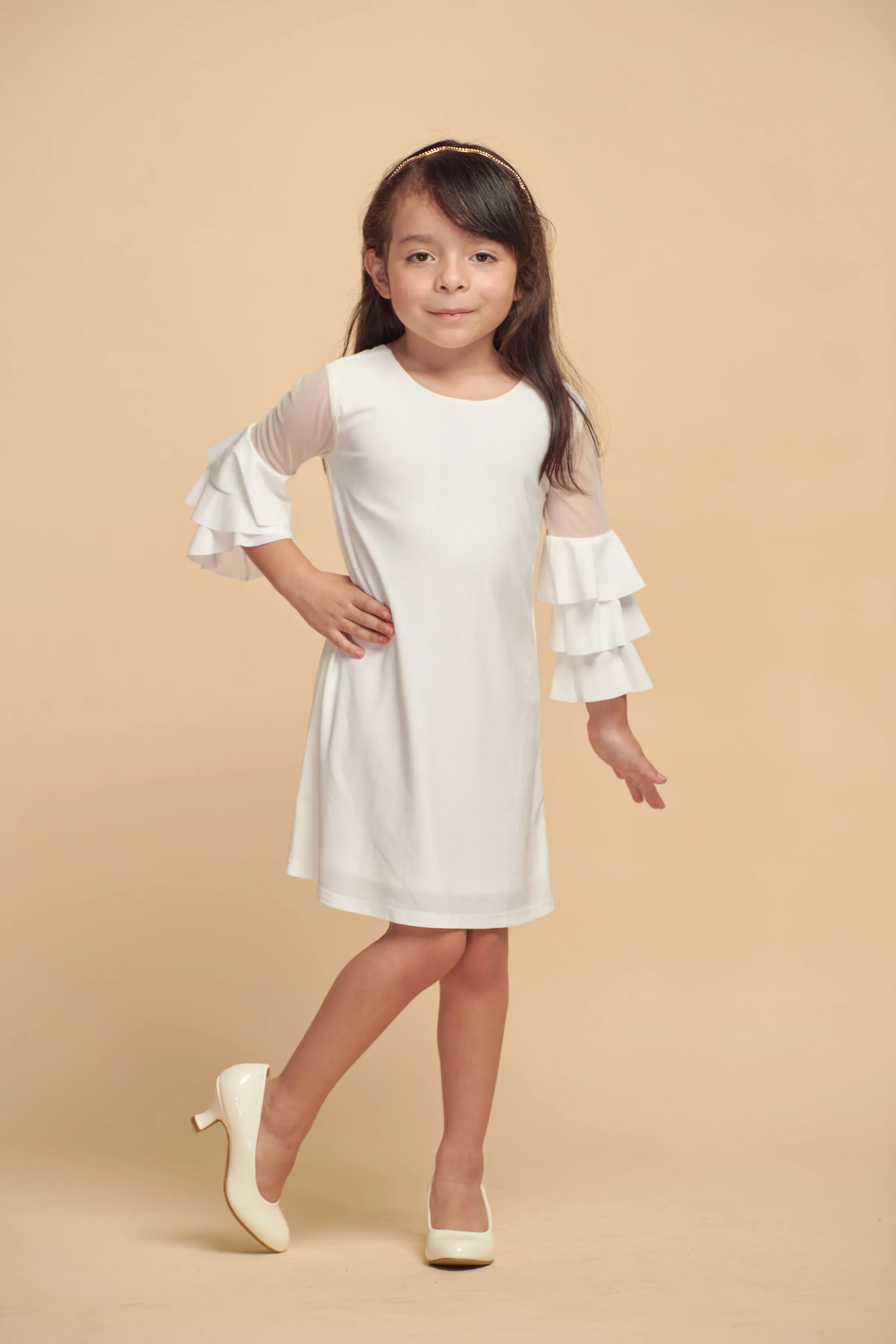 Little Girls Ivory Tiered Sleeve Dress in Longer Length | Parallel