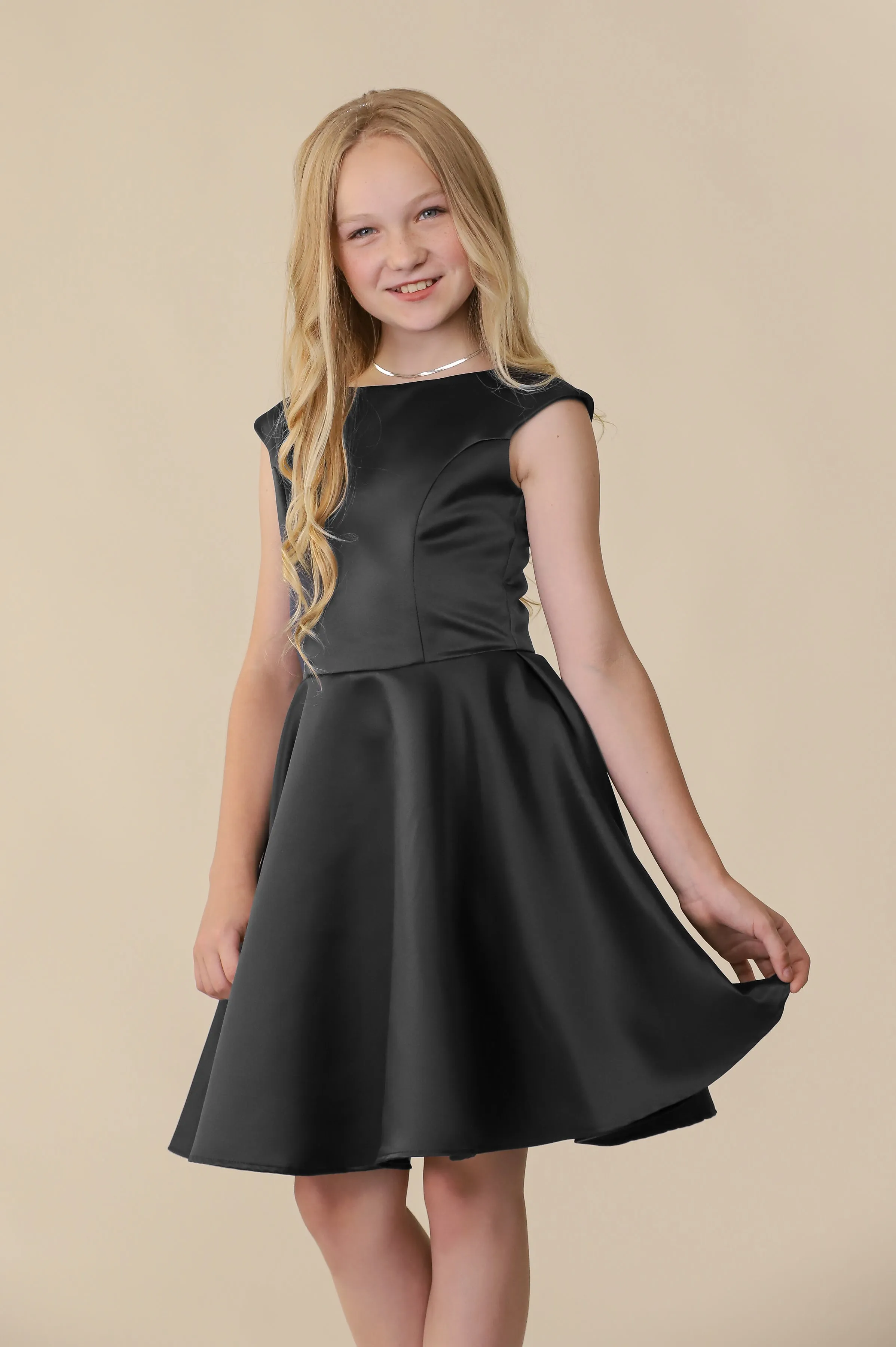 Cap Sleeve Satin Dress in Black sold by Un Deux Trois