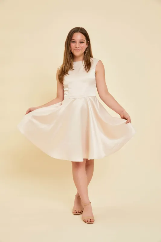 Cap Sleeve Dress in Blush Pink Satin sold by Un Deux Trois