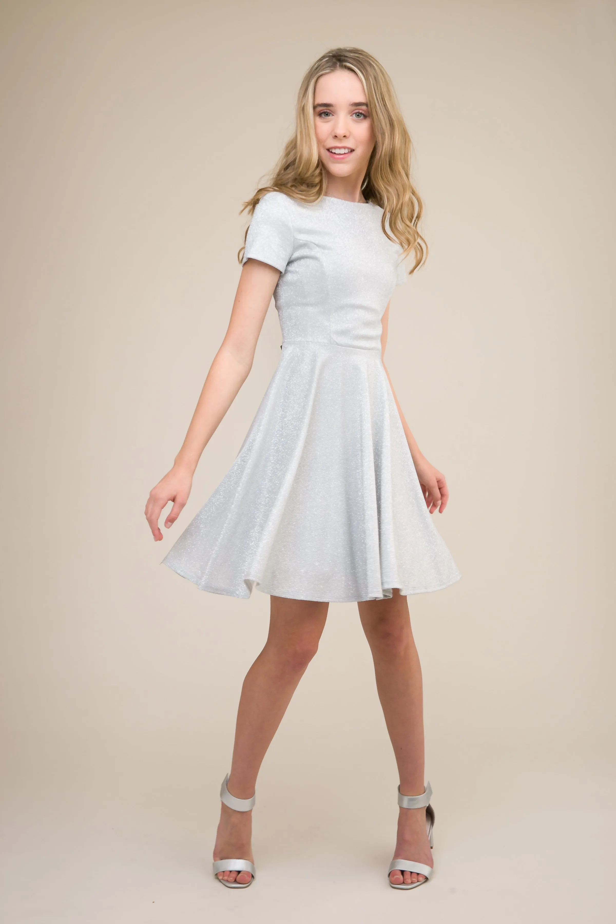 Short Sleeve Silver Glitter Dress in Longer Length sold by Un Deux Trois