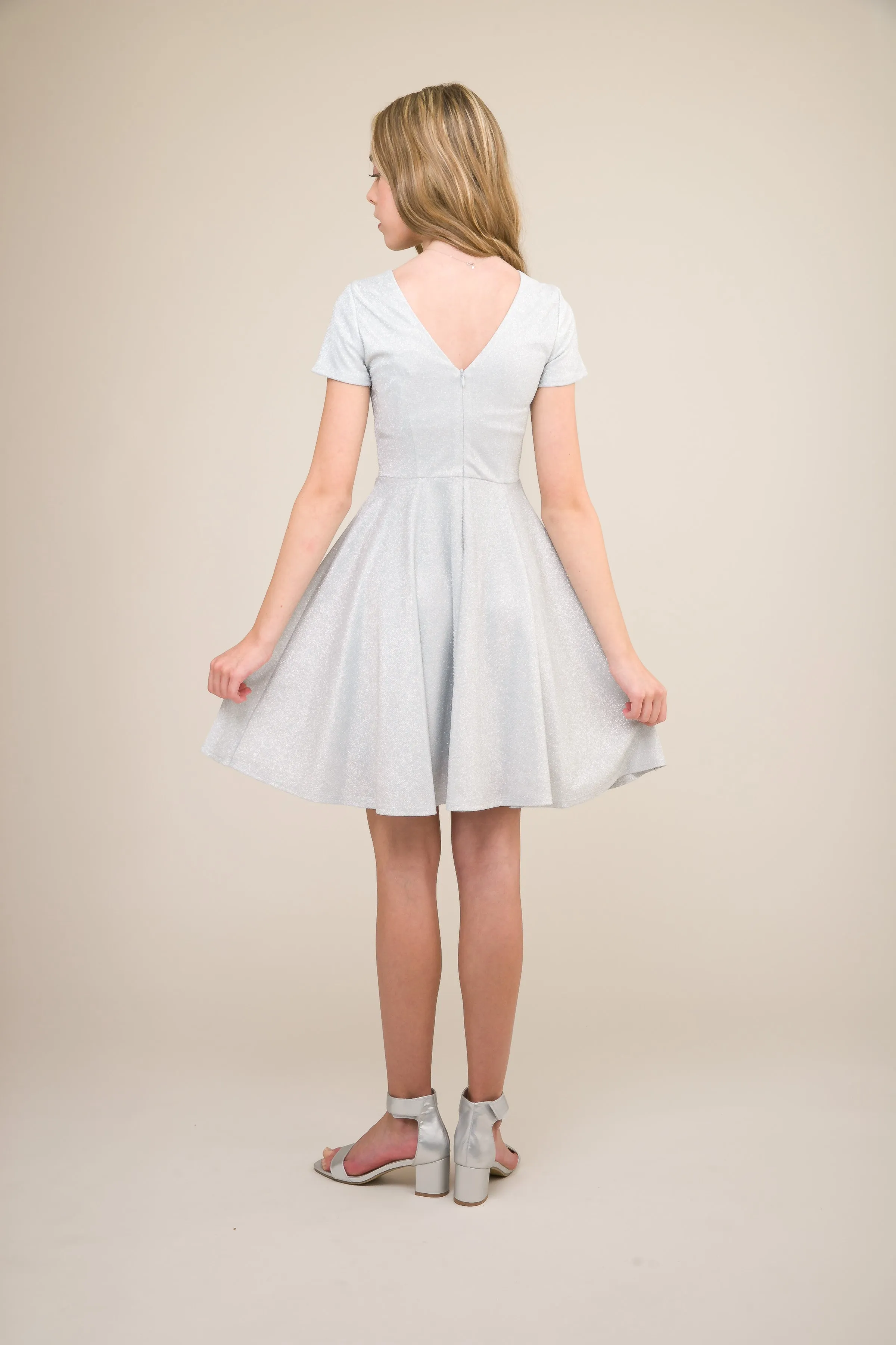 Short Sleeve Silver Glitter Dress in Longer Length sold by Un Deux Trois product image thumbnail 3