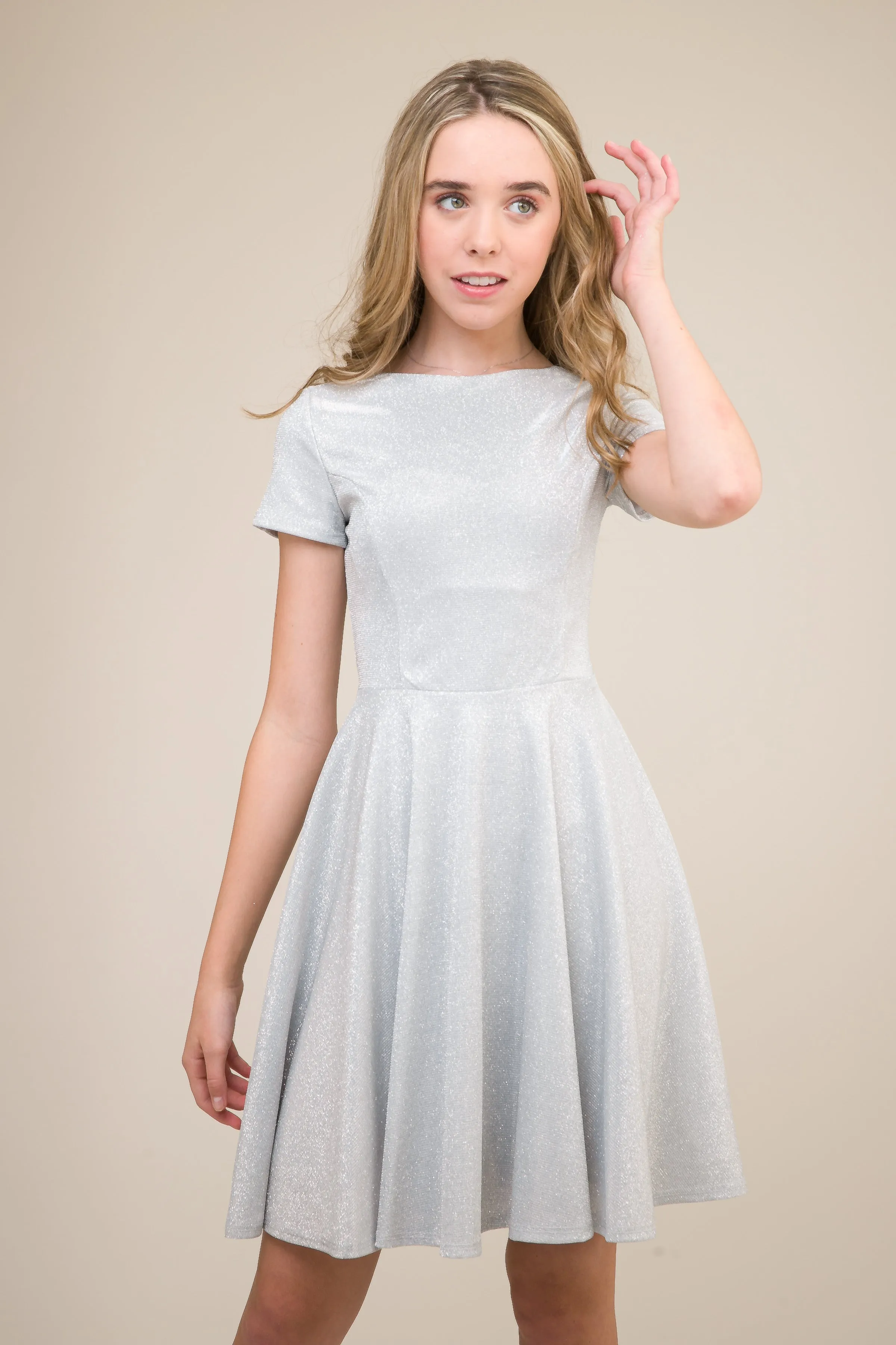 Short Sleeve Silver Glitter Dress in Longer Length sold by Un Deux Trois product image thumbnail 2