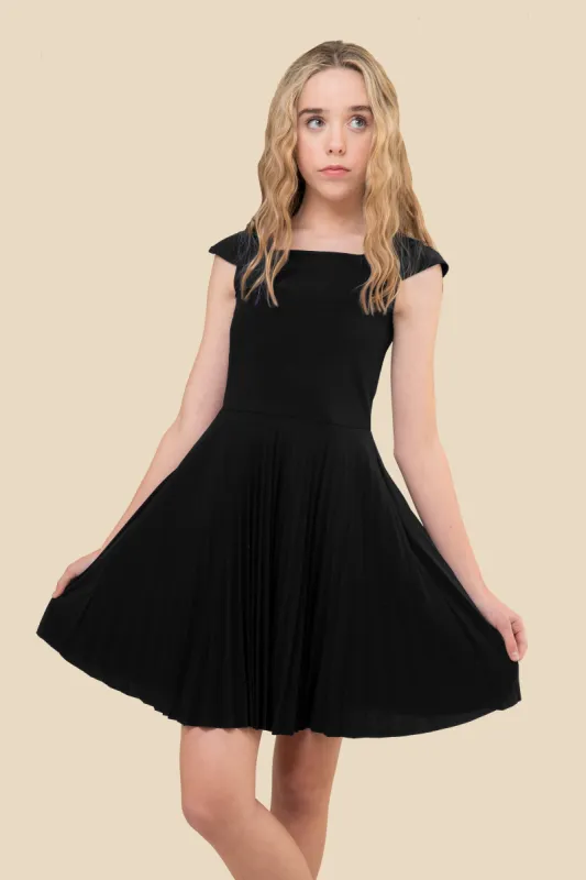 Cap Sleeve Pleated Dress in Black sold by Un Deux Trois