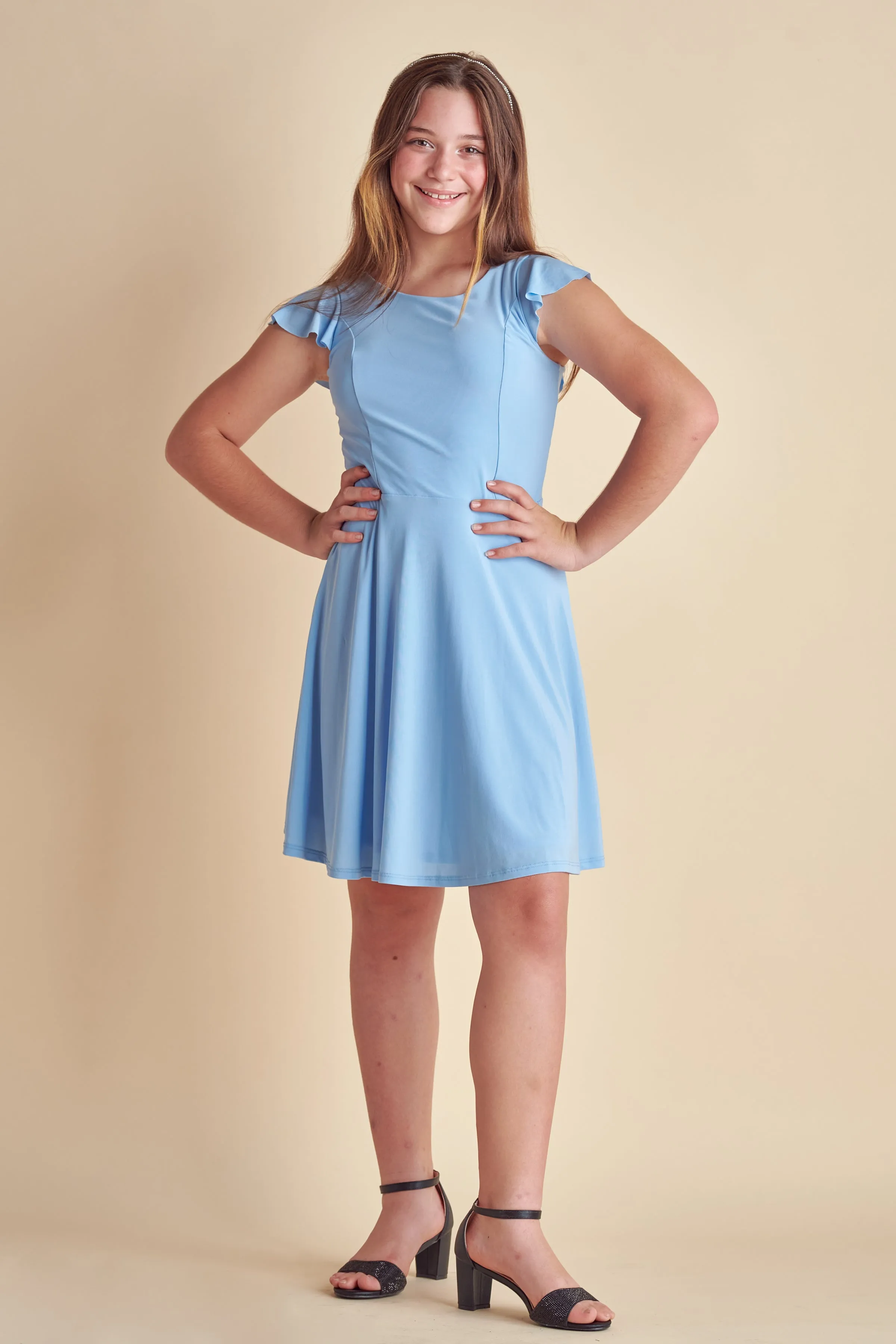Flutter Sleeve Dress in Light Blue sold by Un Deux Trois
