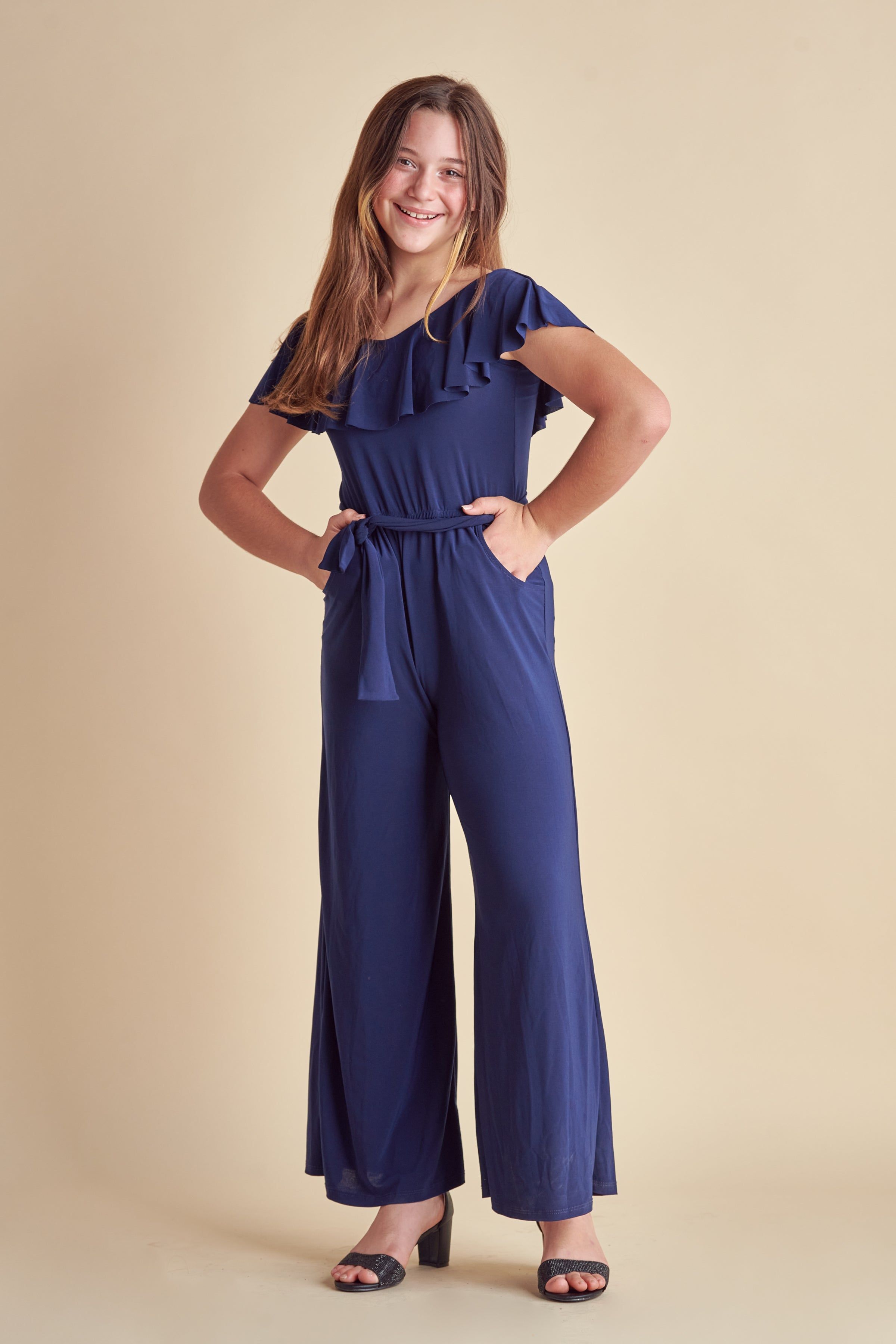 Flutter Sleeve Jumpsuit with Knot Belt in Navy sold by Un Deux Trois product image thumbnail 2