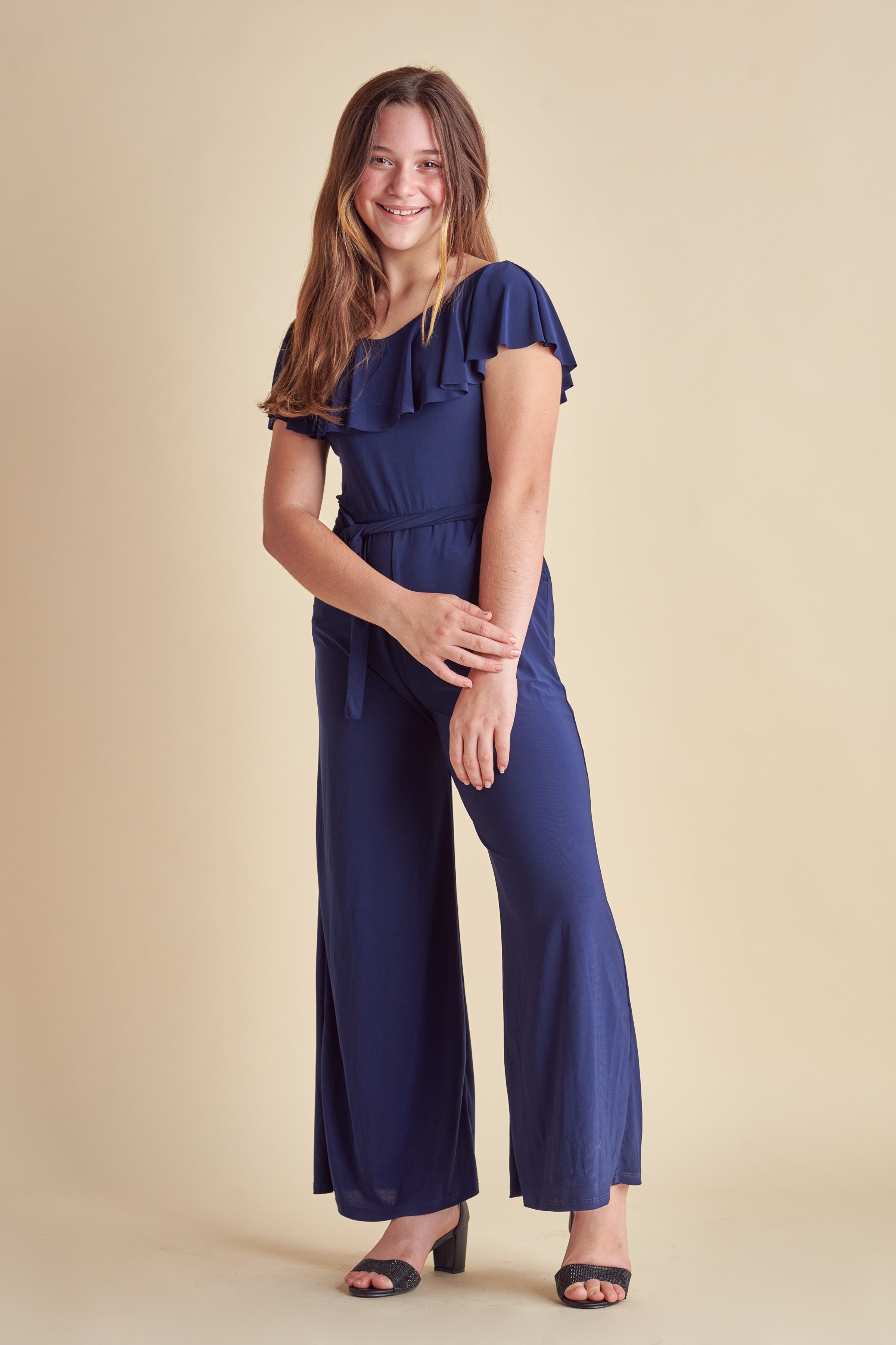 Flutter Sleeve Jumpsuit with Knot Belt in Navy sold by Un Deux Trois