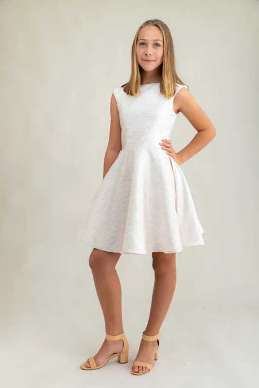 Ivory Jacquard Cap Sleeve Dress in Longer Length sold by Un Deux Trois