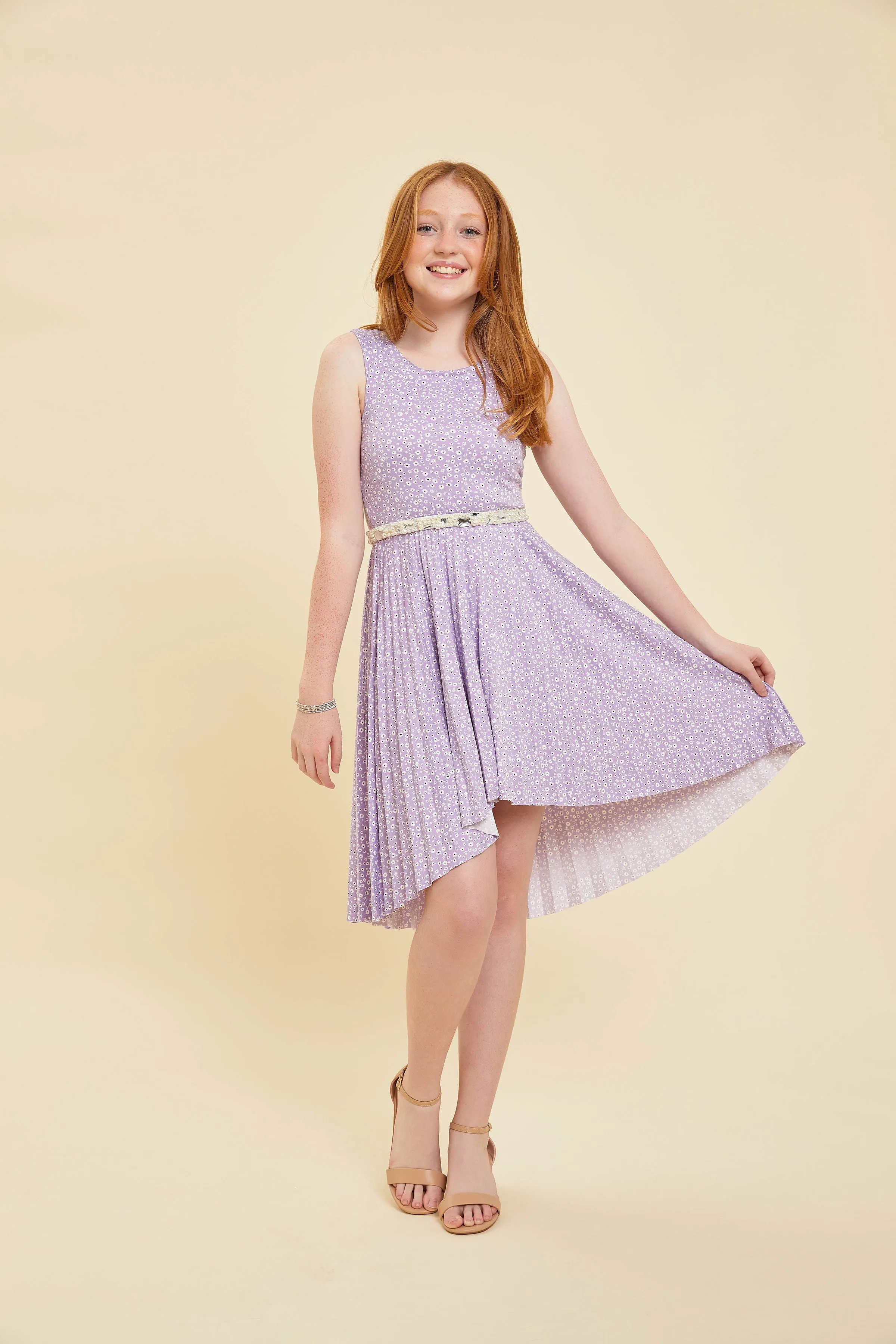 Pleated High Low Dress in Lilac Floral sold by Un Deux Trois