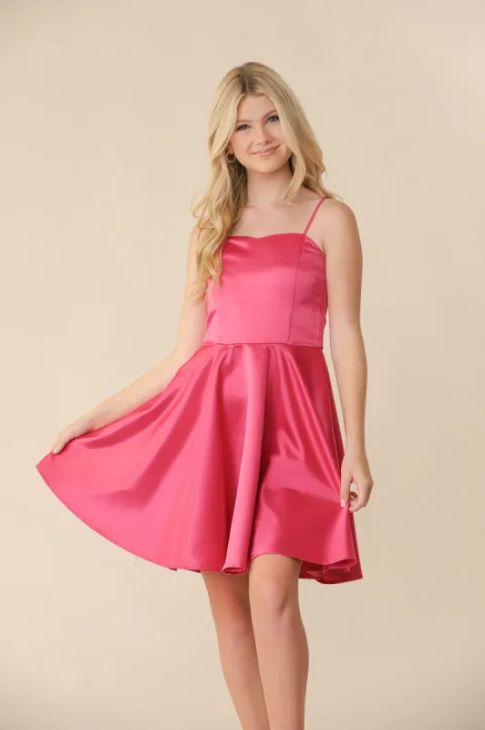Fit and Flare Fuchsia Satin Party Dress sold by Un Deux Trois