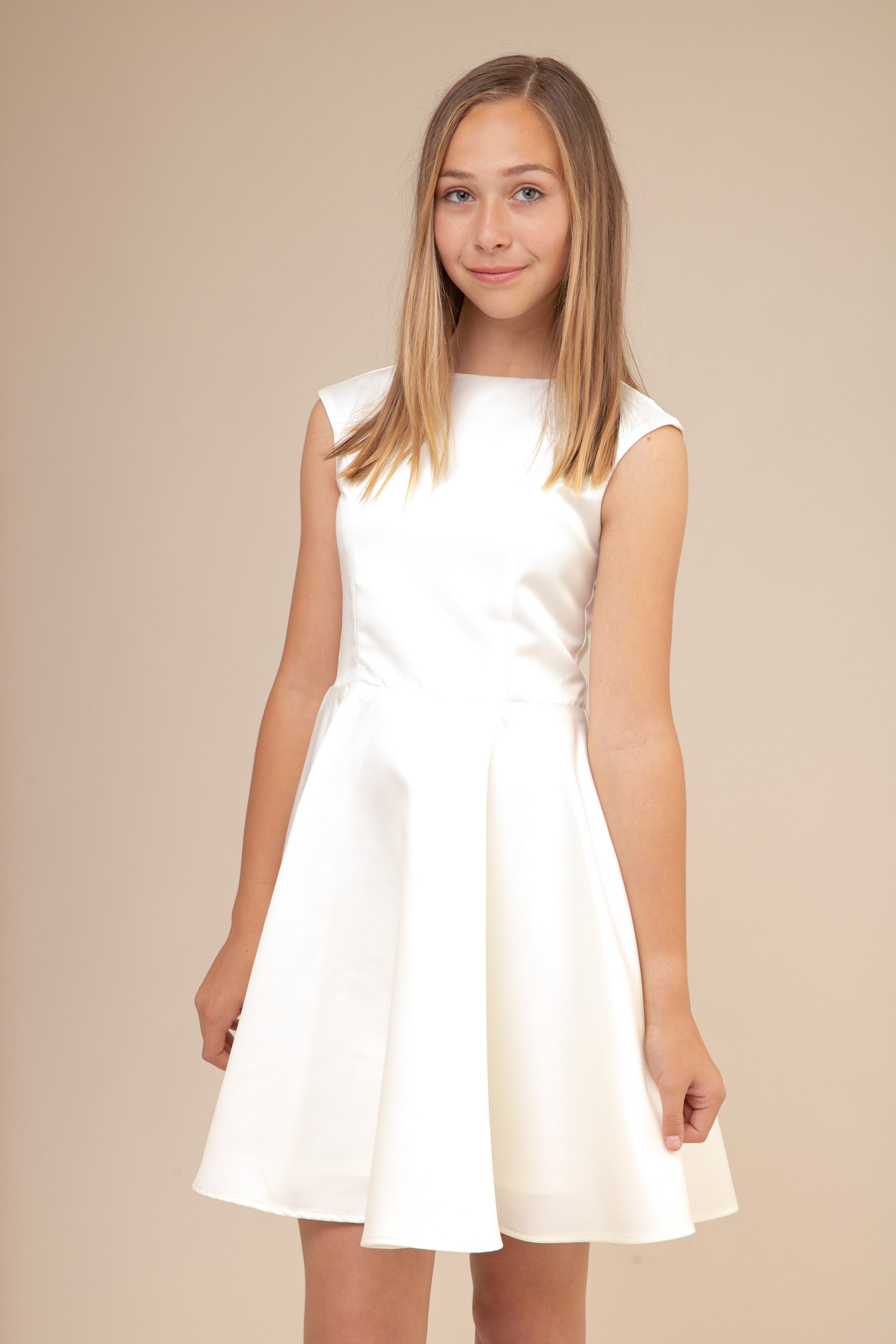 Ivory Cap Sleeve Satin Dress in Longer Length sold by Un Deux Trois