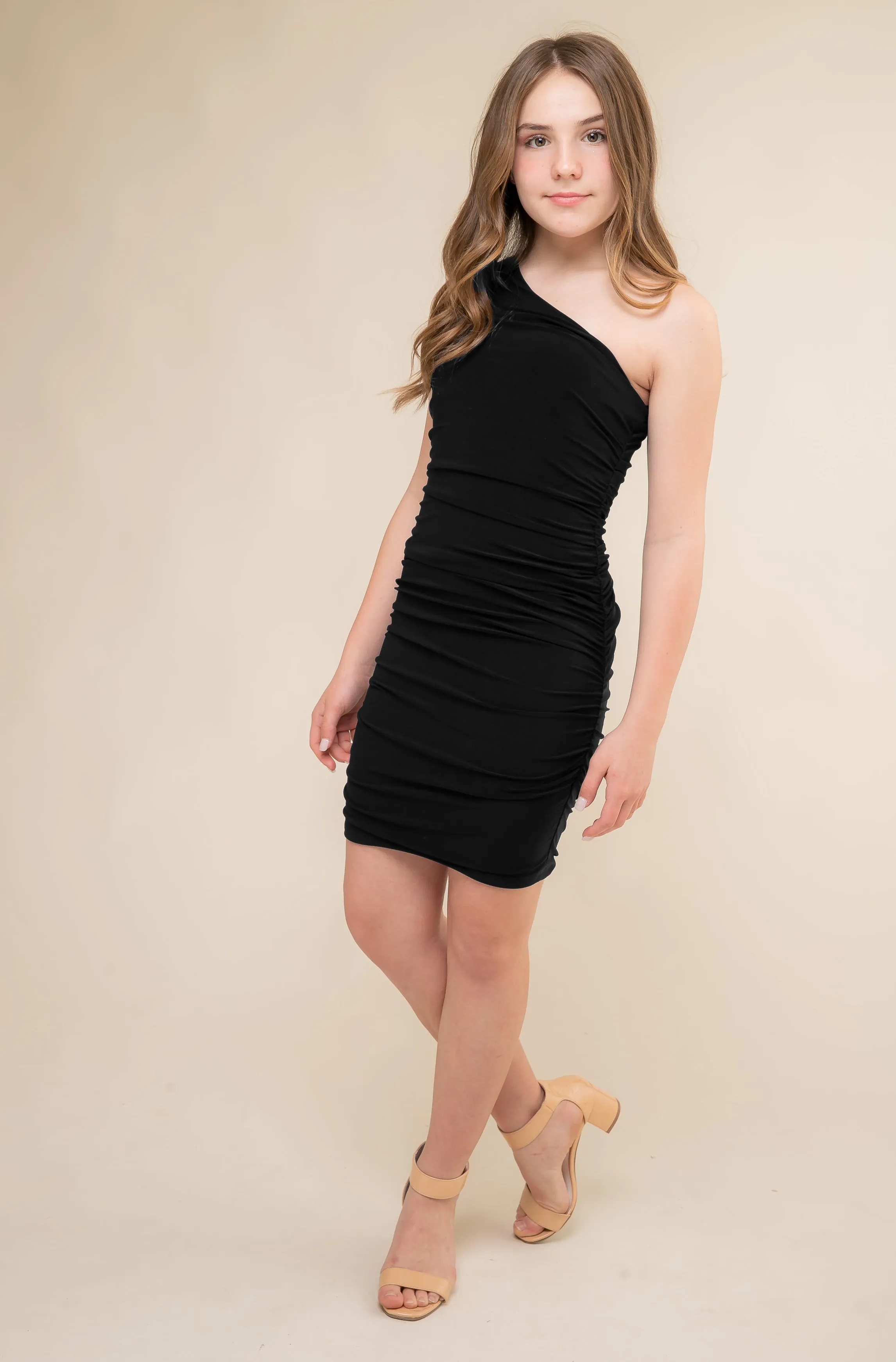 One Shoulder Ruched Dress in Black sold by Un Deux Trois