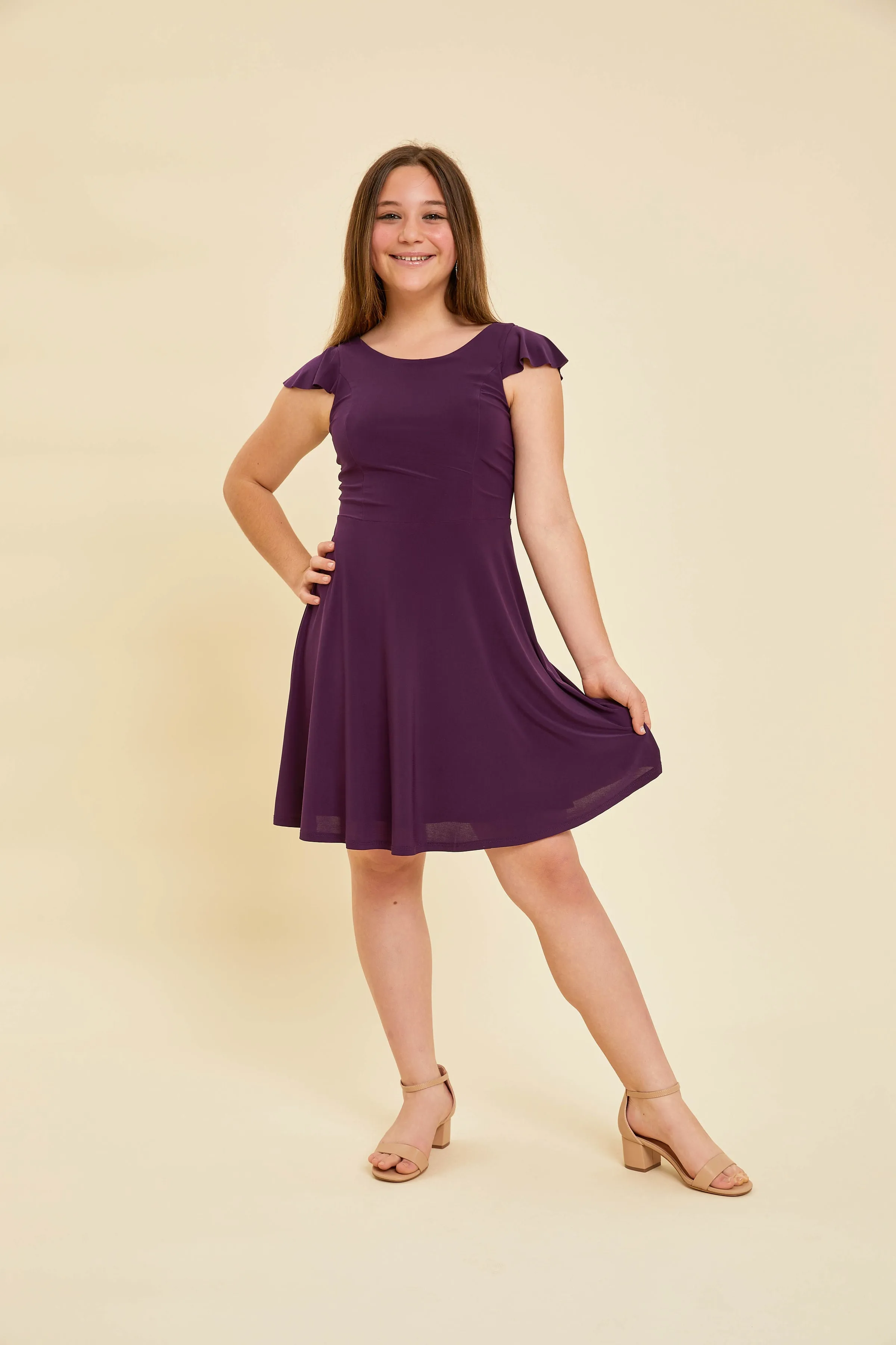 Flutter Sleeve Dress in Plum sold by Un Deux Trois