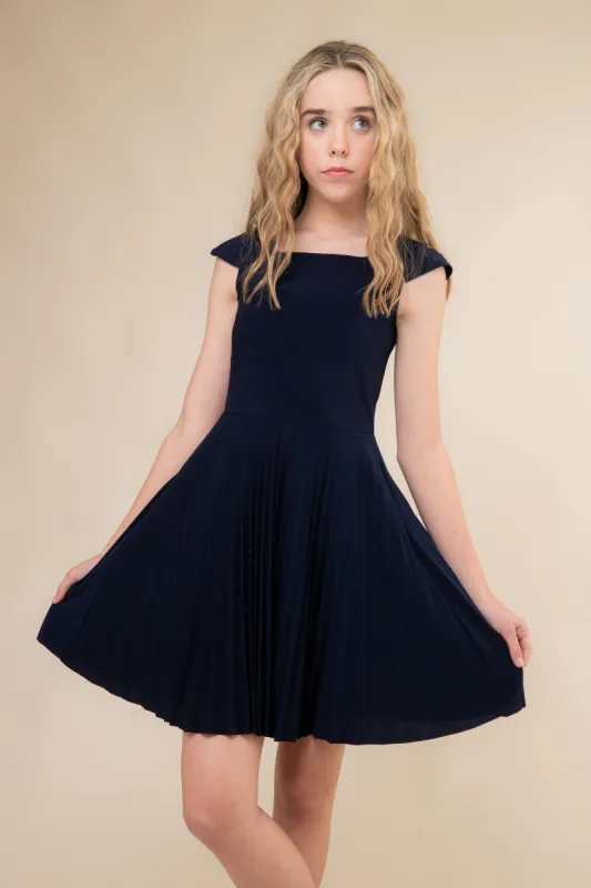 Navy Cap Sleeve Pleated Dress sold by Un Deux Trois