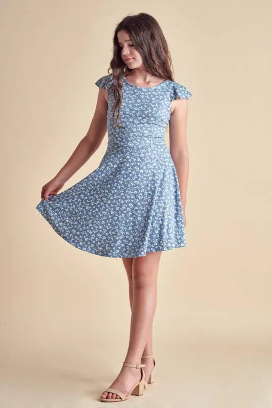 Flutter Sleeve Dress in Light Blue Floral sold by Un Deux Trois