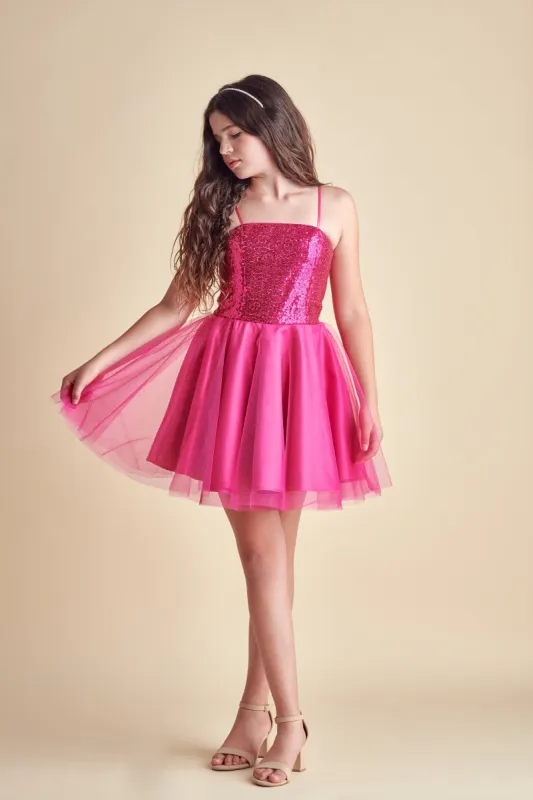 Sequin and Tulle Party Dress in Fuchsia sold by Un Deux Trois