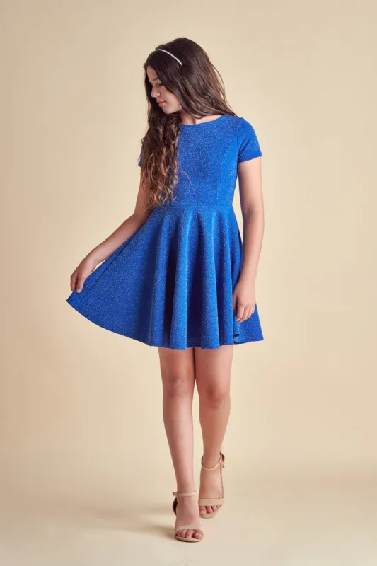 Short Sleeve Cobalt Glitter Dress in Longer Length sold by Un Deux Trois