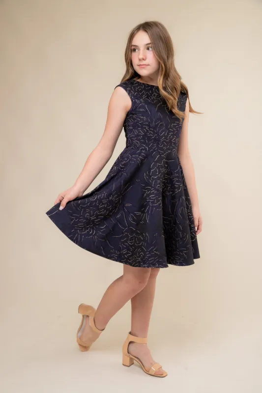 Navy and Gold Floral Cap Sleeve Dress in Longer Length sold by Un Deux Trois