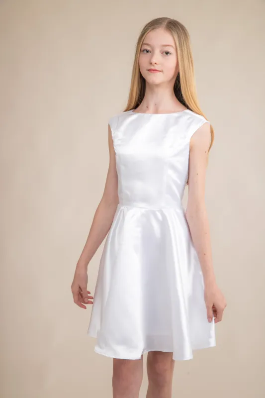 White Satin Cap Sleeve Satin Dress in Longer Length sold by Un Deux Trois