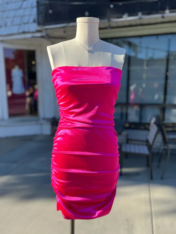 Strapless Ruched Mini Satin Dress in Hot Pink sold by Un Deux Trois