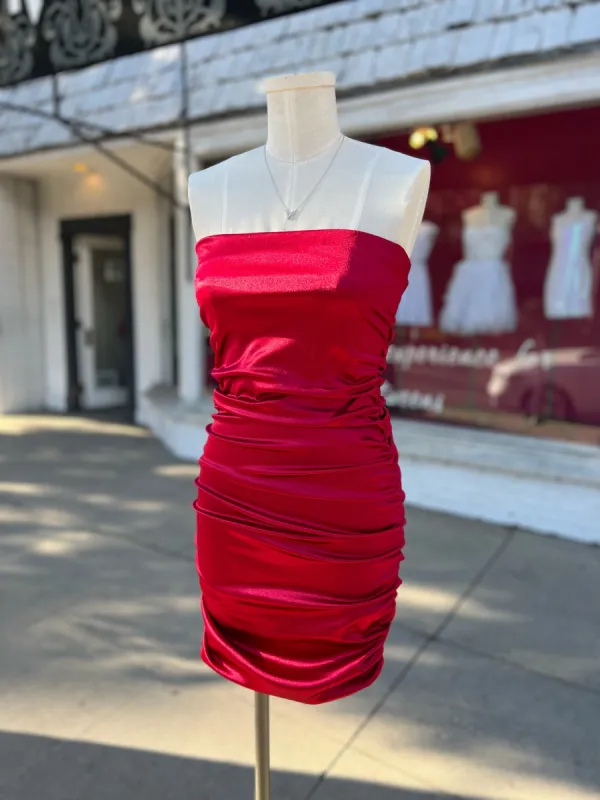 Strapless Ruched Mini Satin Dress in Red sold by Un Deux Trois