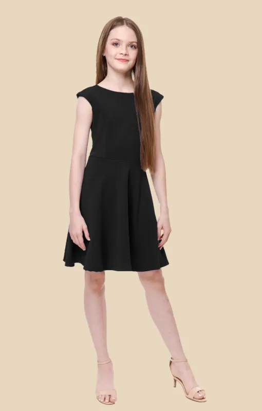 Cap Sleeve Textured Fit and Flare Dress in Black (Extended Size) sold by Un Deux Trois