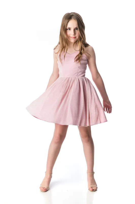 Glitter Mesh Fit and Flare Dress in Pink sold by Un Deux Trois