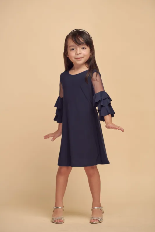Little Girls Navy Tiered Sleeve Dress in Longer Length sold by Un Deux Trois