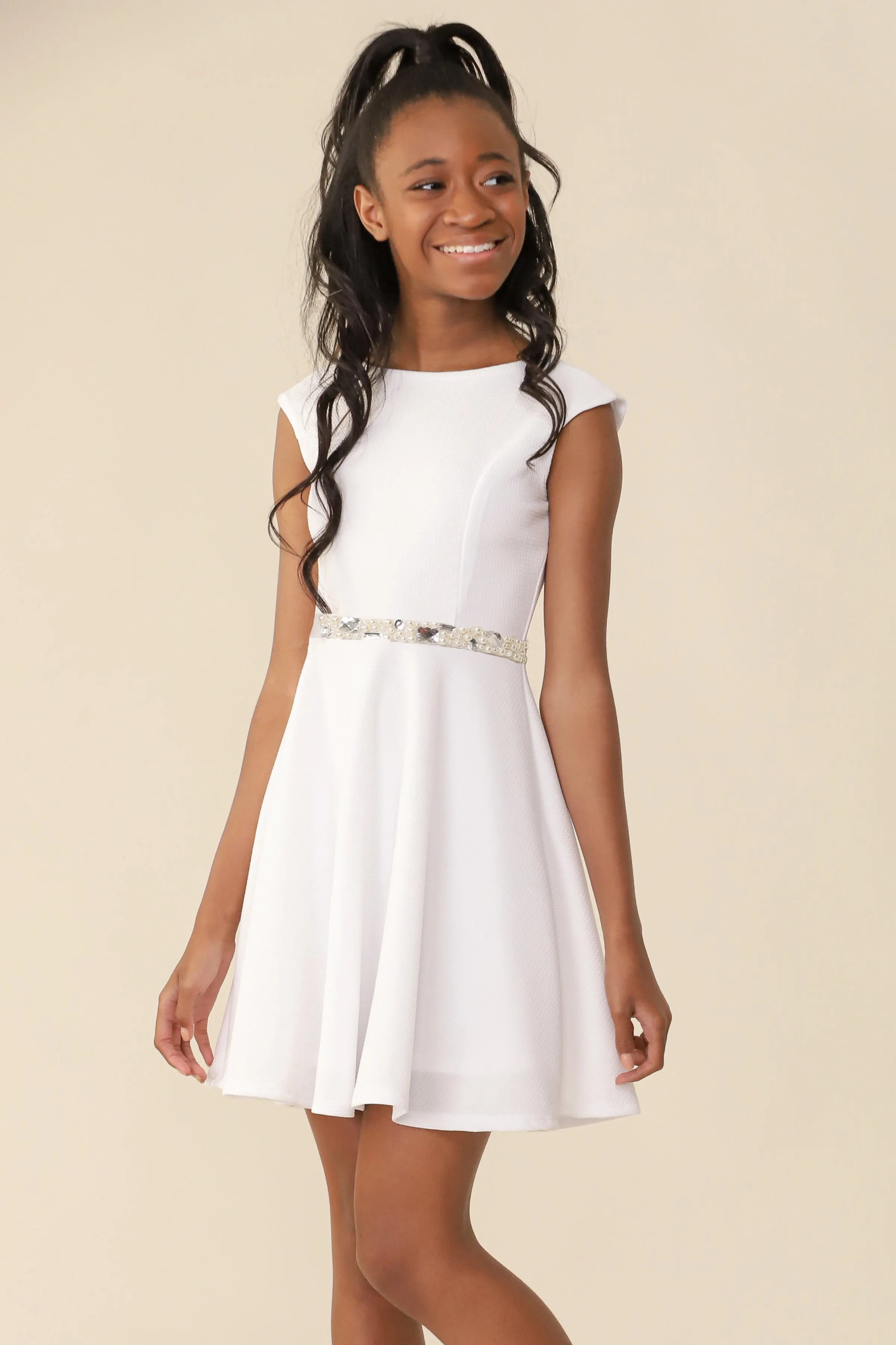 Textured Cap Sleeve Dress with Belt in Longer Length sold by Un Deux Trois