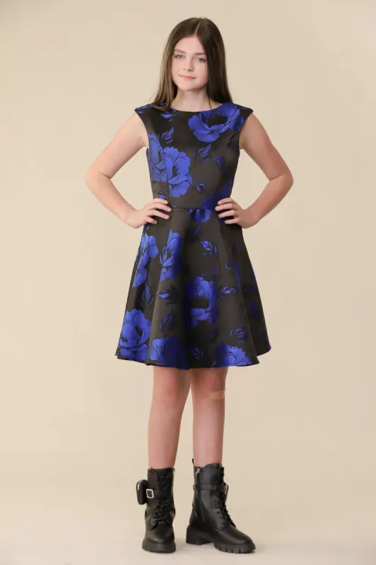 Cap Sleeve Dress in Cobalt and Black Floral made by Un Deux Trois