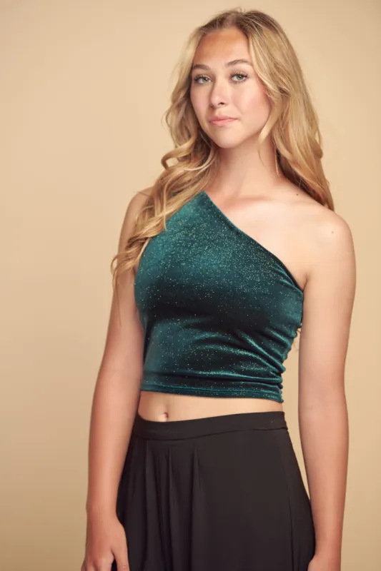 One Shoulder Top in Green Velvet sold by Un Deux Trois
