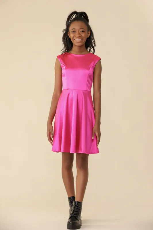 Cap Sleeve Fuchsia Satin Dress in Longer Length sold by Un Deux Trois