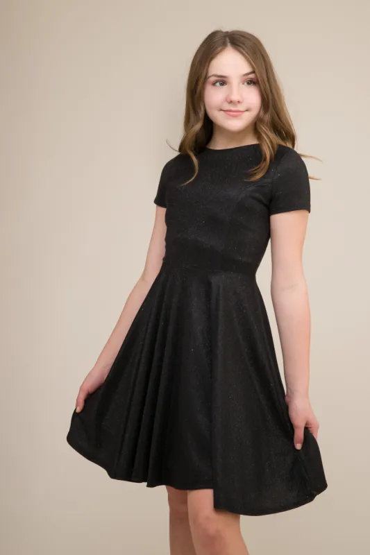 Short Sleeve Black Glitter Dress in Longer Length made by Un Deux Trois