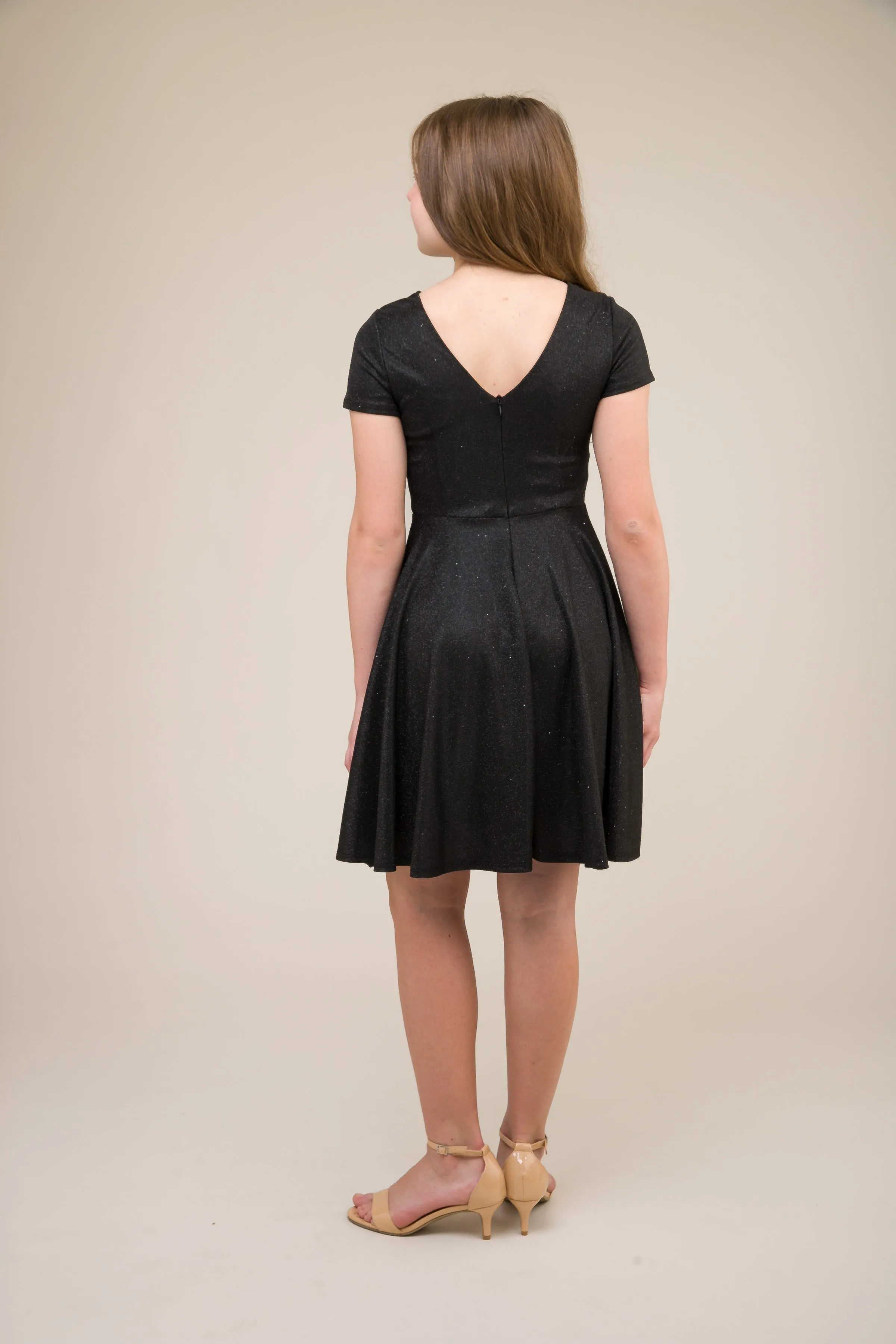 Short Sleeve Black Glitter Dress in Longer Length sold by Un Deux Trois product image thumbnail 2