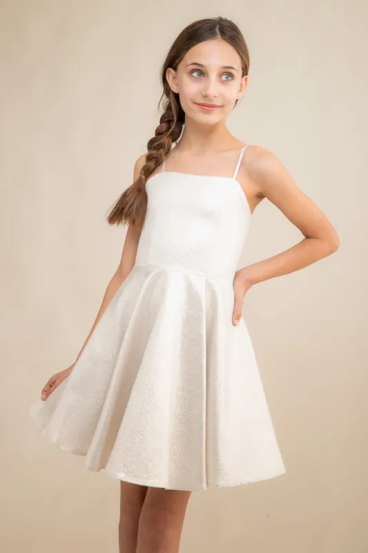 Fit and Flare Silver Glitter Party Dress in Longer Length sold by Un Deux Trois