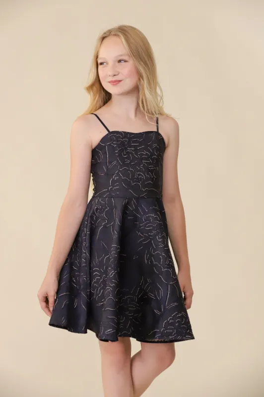 Fit and Flare Navy and Gold Floral Dress in Longer Length sold by Un Deux Trois