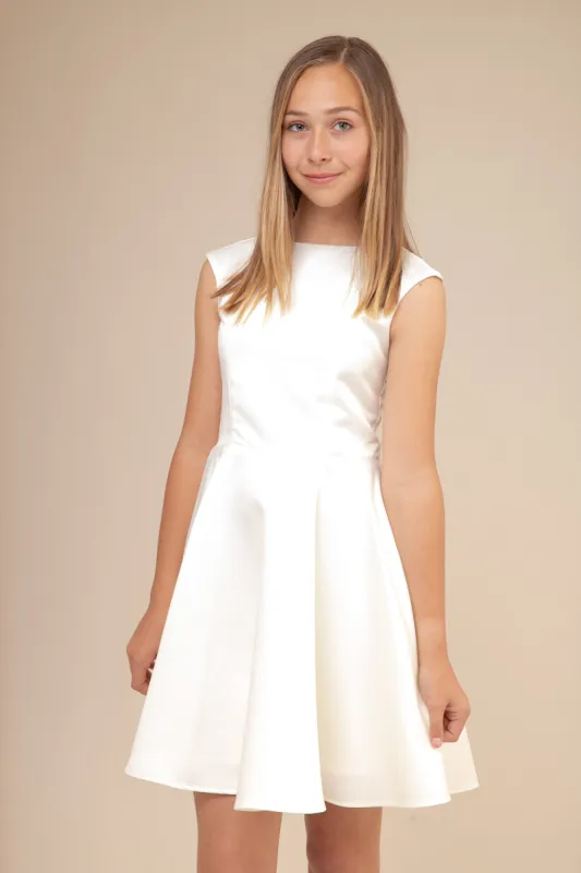 Ivory Cap Sleeve Satin Dress in Longer Length sold by Un Deux Trois