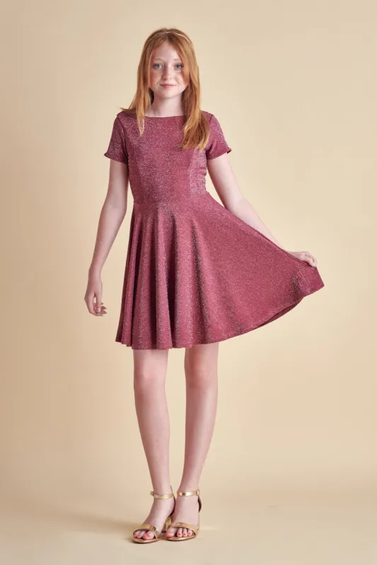 Short Sleeve Wine Glitter Dress in Longer Length sold by Un Deux Trois