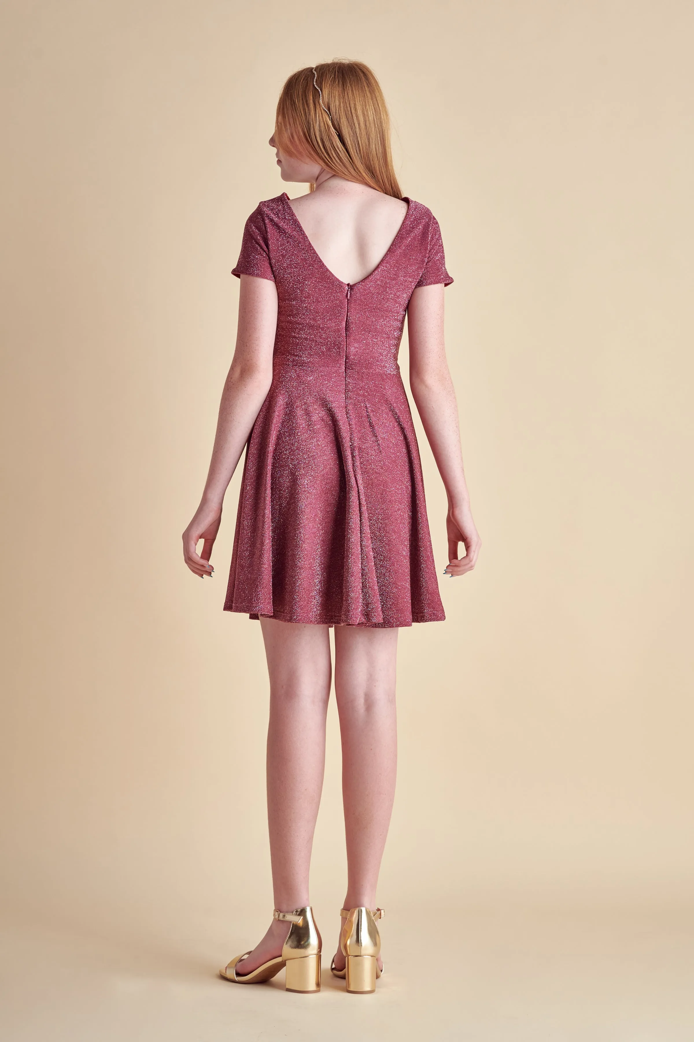 Short Sleeve Wine Glitter Dress in Longer Length sold by Un Deux Trois product image thumbnail 2