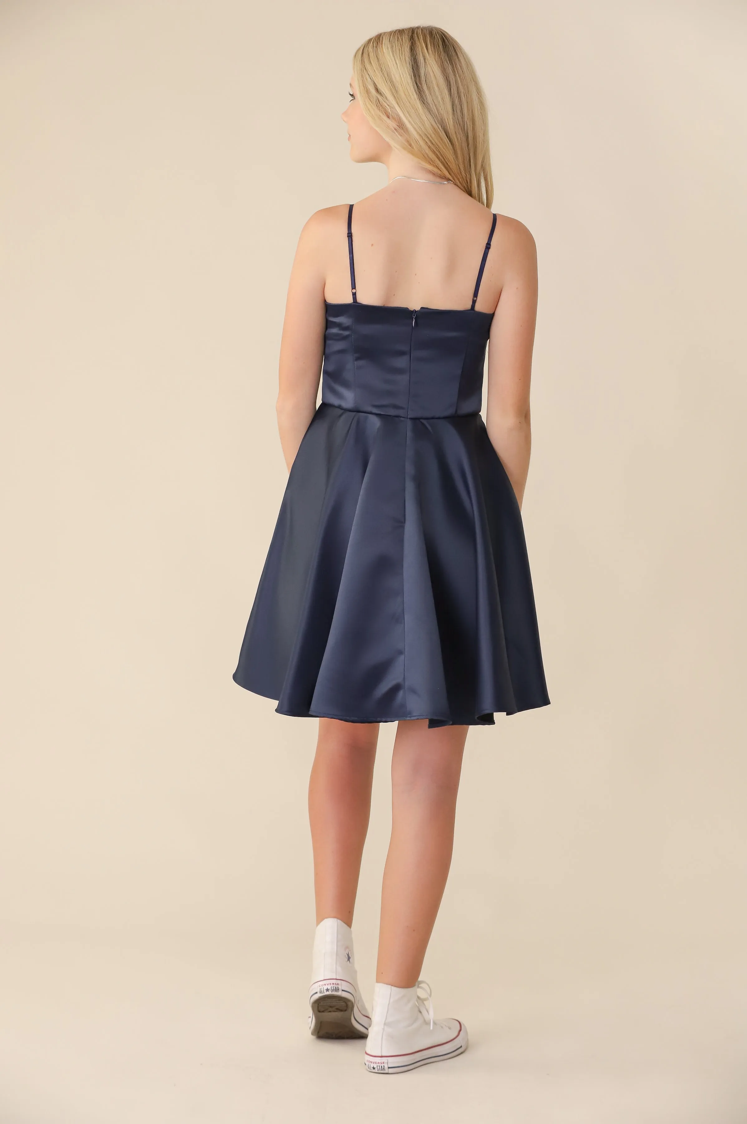 Fit and Flare Navy Satin Party Dress in Longer Length sold by Un Deux Trois product image thumbnail 3